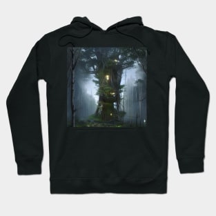 Magical Tree House in Forest with High Trees, Scenery Nature Hoodie